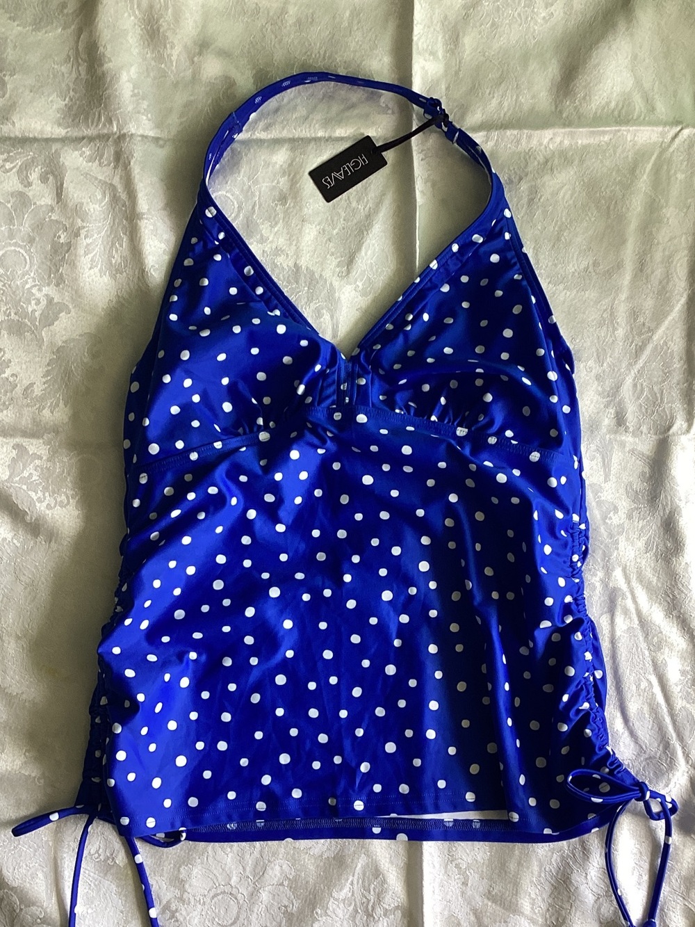 Polka Dot Royal Blue Halter One-Piece Swim Tankini, 38D